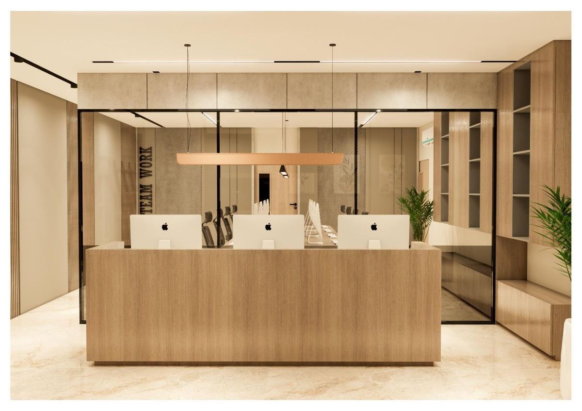 Corporate office reception desk with wood panelling and glass partitions