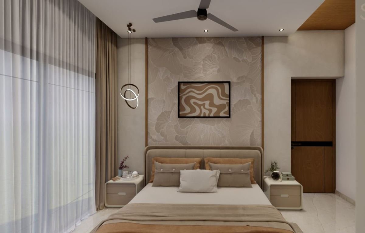 Master bedroom with upholstered headboard and floral accent wall
