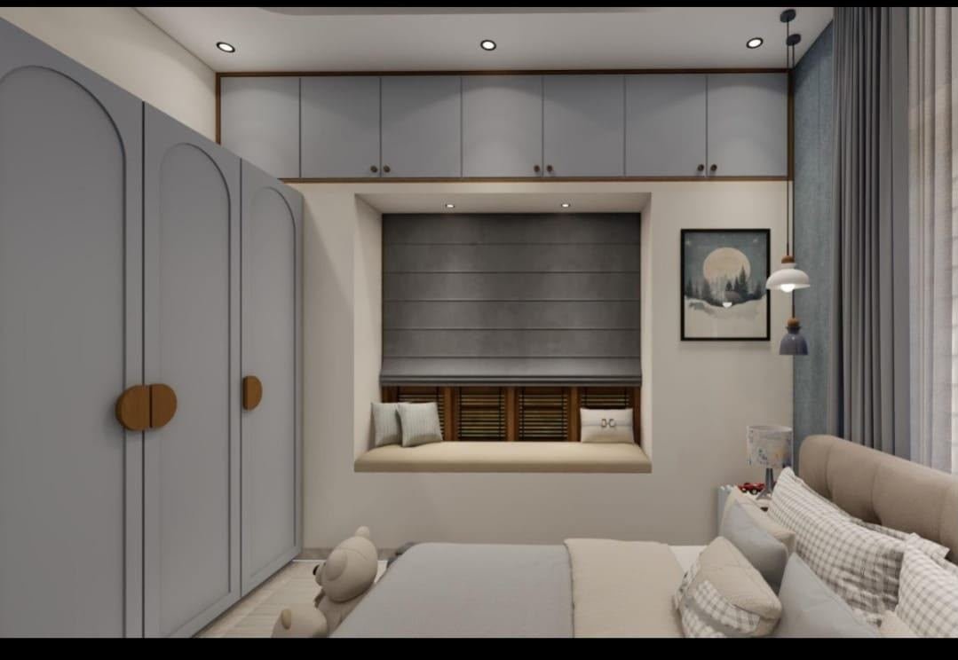 Kids bedroom with blue arched wardrobe doors and window seat