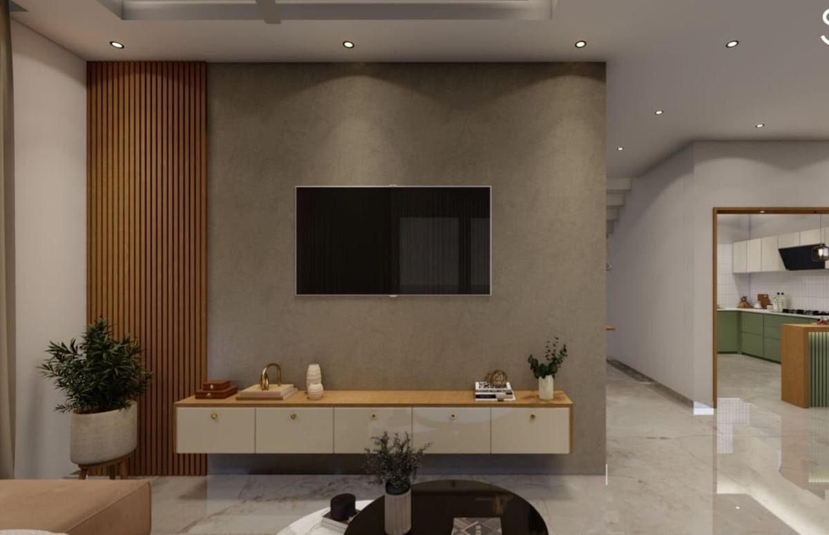 TV feature wall with wood slat panelling and floating cabinet